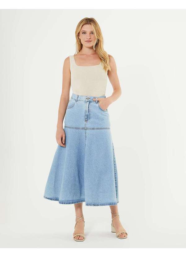 Zinzane - Saia Jeans Gode New Longo - Denim Claro Azul