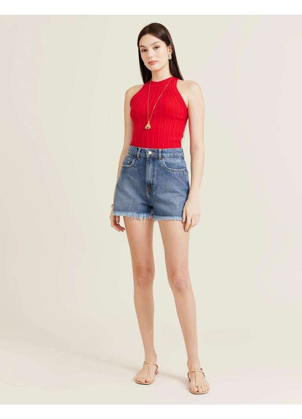 Zinzane - Short Jeans Barra Desfiada - Denim Medio Azul