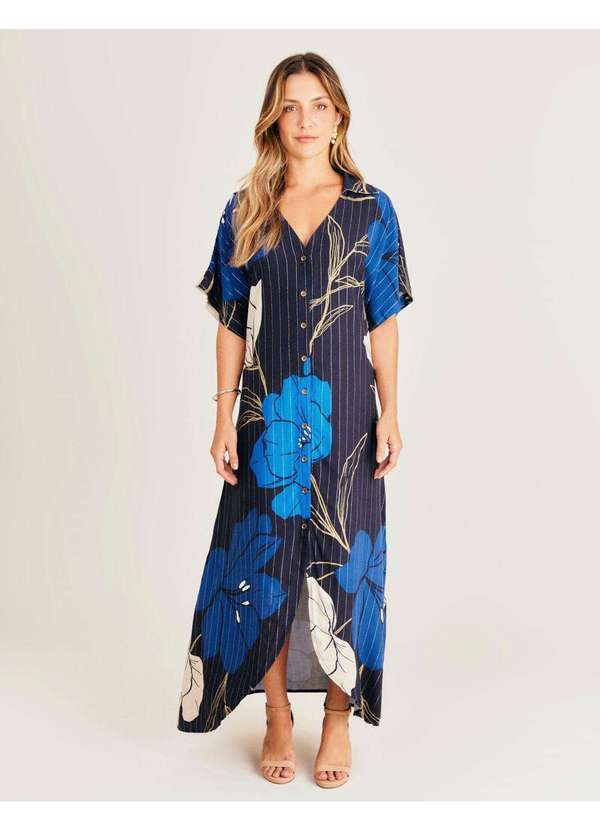 Zinzane - Chemise Estampada Blue Jasmim - Azul Marinho Azul