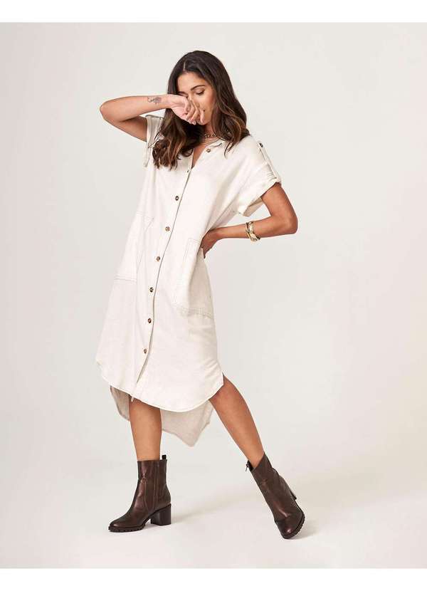 Zinzane - Chemise Zinzane Feminina Linen Fraldada Bege