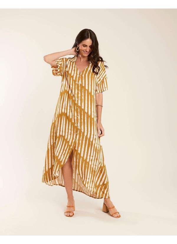 Zinzane - Chemise Zinzane Feminino New Longo Estampada Mel - Mostarda Amarelo