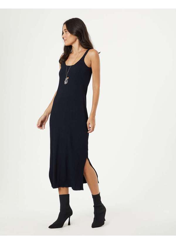 Zinzane Vestido Canelado Fendas Preto Preto