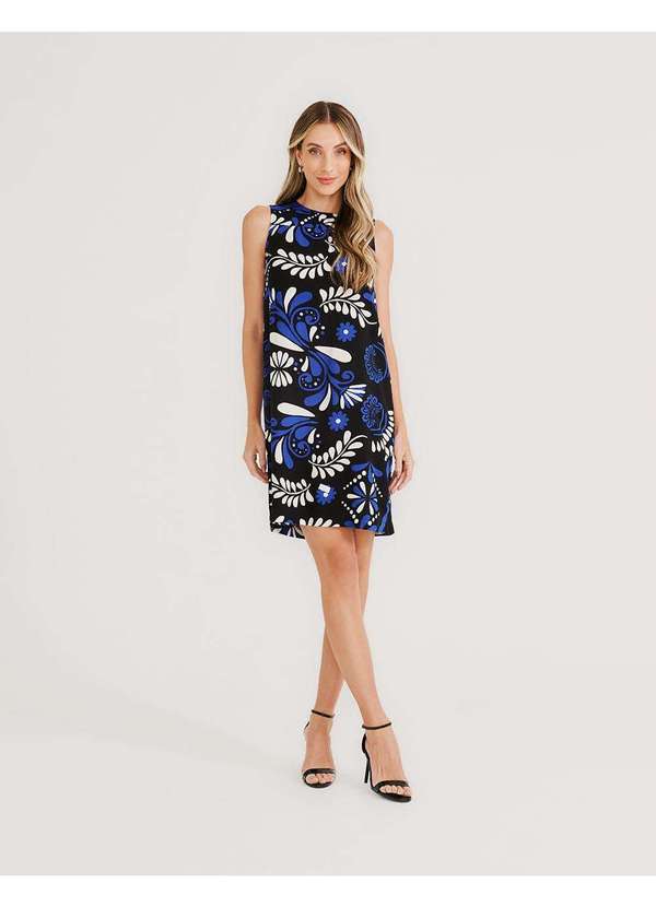 Zinzane - Vestido Curto Estampado Floral Azulejo - Preto Preto