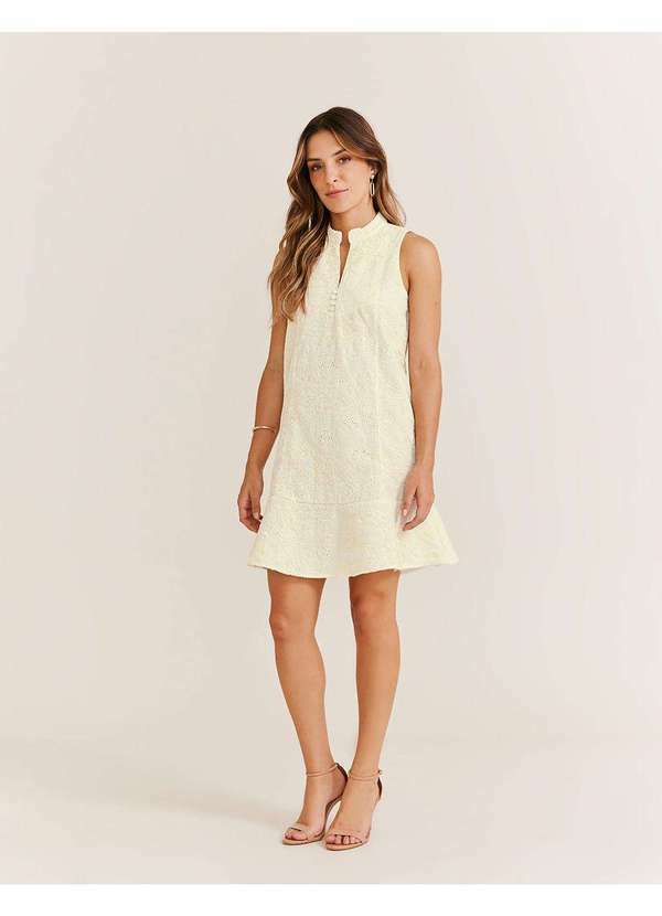 Zinzane - Vestido Curto Linho Bordado - Areia Bege