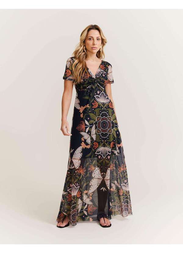 Zinzane - Vestido Longo Tule Estampado Bruma - Azul Marinho Azul