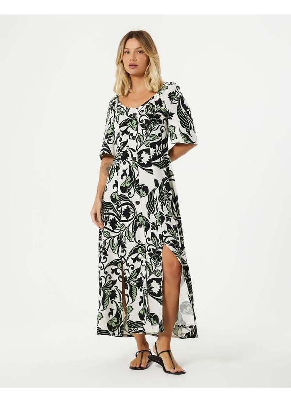 Zinzane - Vestido Midi Arabesco Floral - Areia Bege