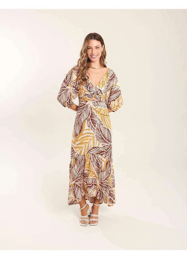 Zinzane - Vestido Zinzane Feminino Busto Torcido Estampado Eleonor - Areia Bege