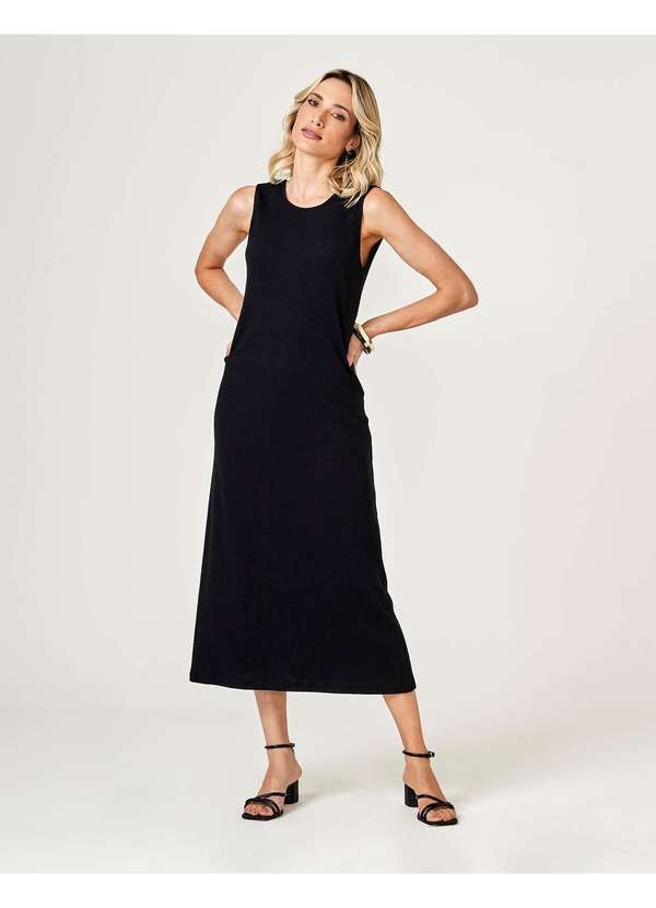 Zinzane Vestido Zinzane Feminino Canelado Midi Decote Preto