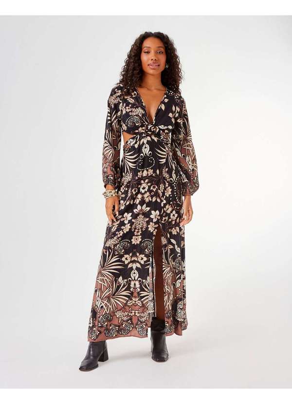 Vestido Zinzane Feminino Fenda Longo Estampado Billie Preto