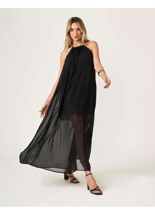 Zinzane Vestido Zinzane Feminino Longo Decote Franzido Preto