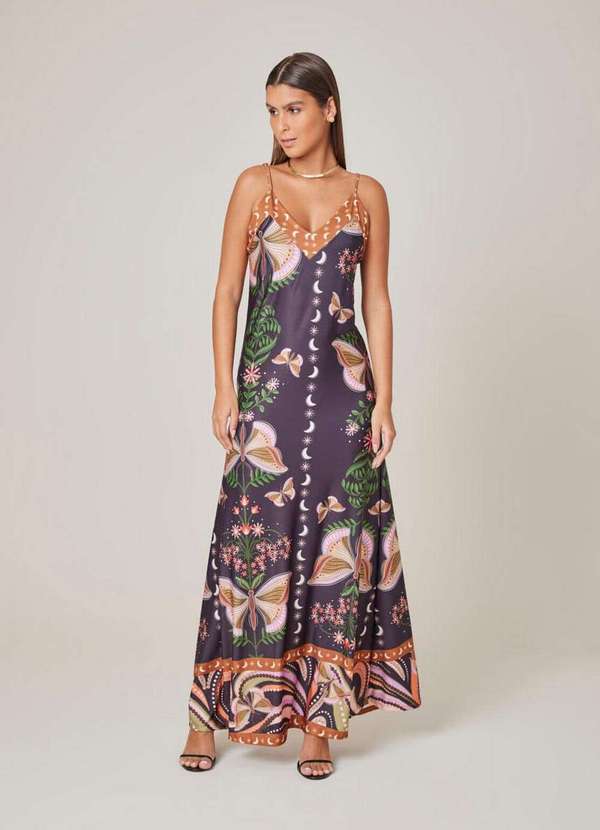 Vestido Zinzane Feminino Longo Estampado Butterfly Preto Preto