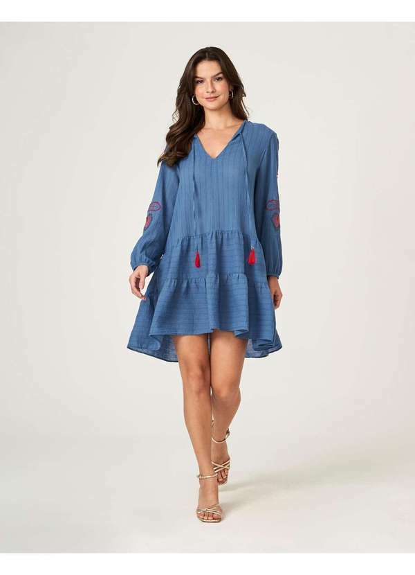 Zinzane - Vestido Zinzane Feminino Marias Bordado Manga Azul