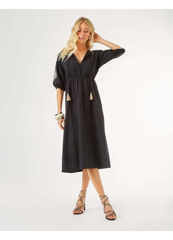 Zinzane - Vestido Zinzane Feminino Midi Bordado Especial - Preto Preto
