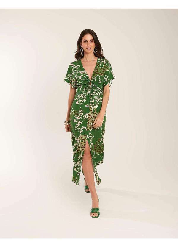 Zinzane - Vestido Zinzane Feminino Midi Fenda Estampado Adriele - Verde Verde