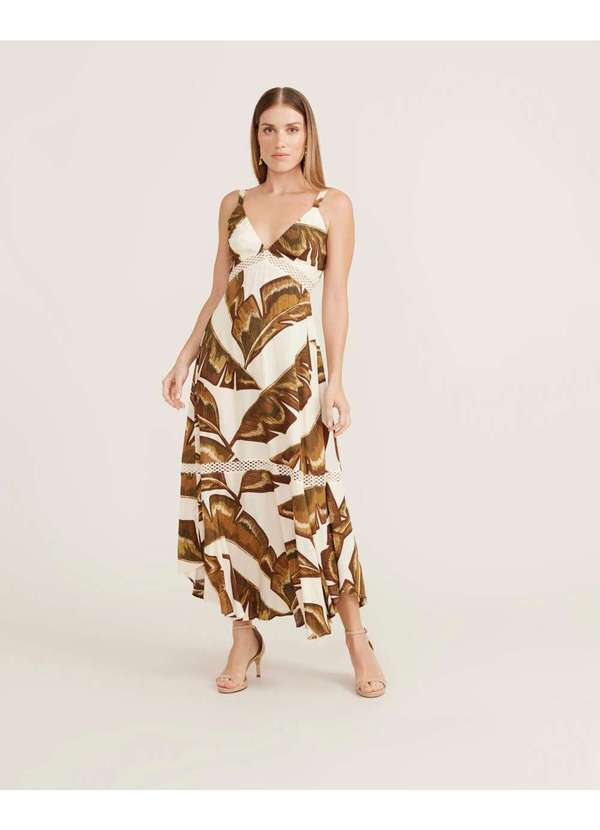Zinzane - Vestido Zinzane Feminino New Longo Estampado Penas - Off White Branco