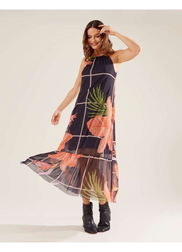 Zinzane Vestido Zinzane Feminino New Longo Tule Estampado Flora Preto  Preto