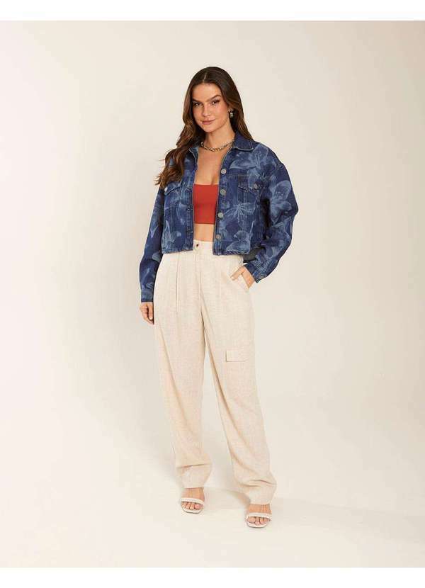 Zinzane - Jaqueta Jeans Estampada Flower - Denim Medio Azul