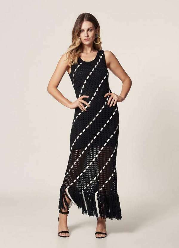 Mob - Vestido Tricot Ponto Rendado Franjas Preto