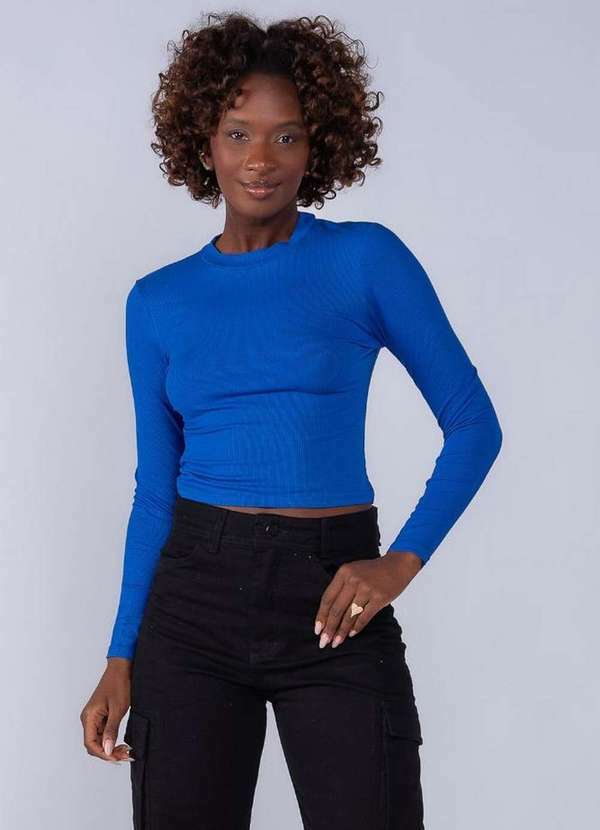 Lamis - Blusa Basica em Viscose Manga Longa Canelada Azul Royal