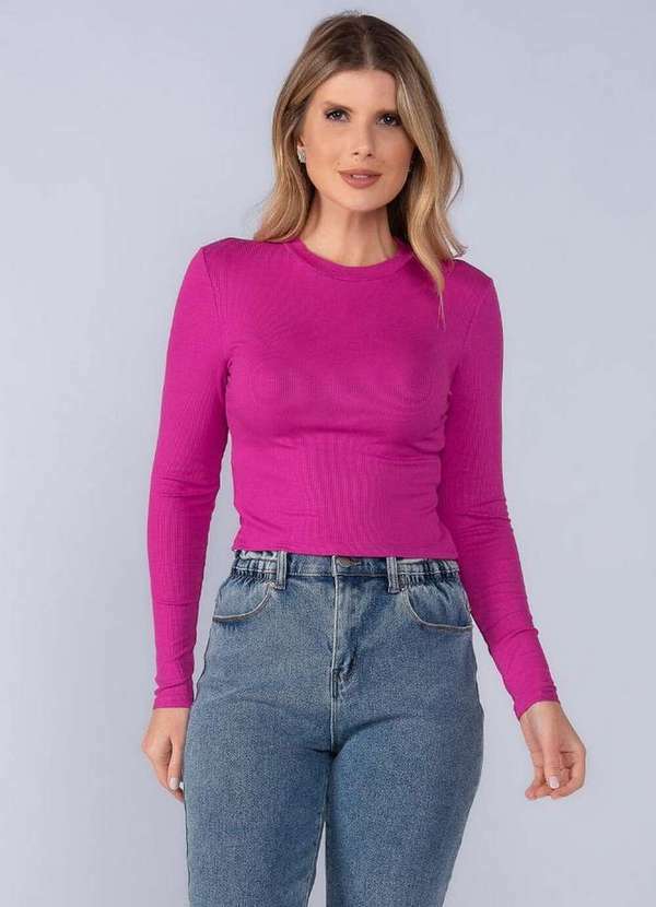 Lamis - Blusa Basica em Viscose Manga Longa Canelada Rosa Fucsia