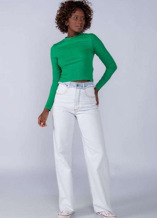 Lamis - Blusa Basica em Viscose Manga Longa Canelada Verde