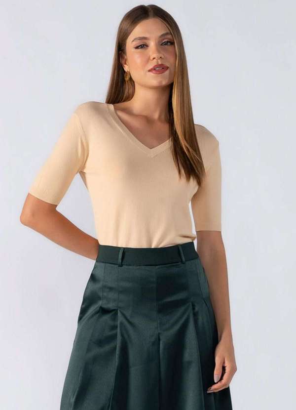 Lamis - Blusa Basica Tricot Manga Curta Bege