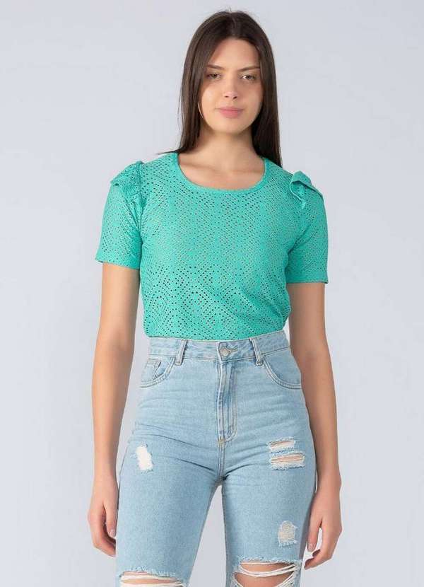 Lamis - Blusa Bordado Vazado com Babado Ombro Verde