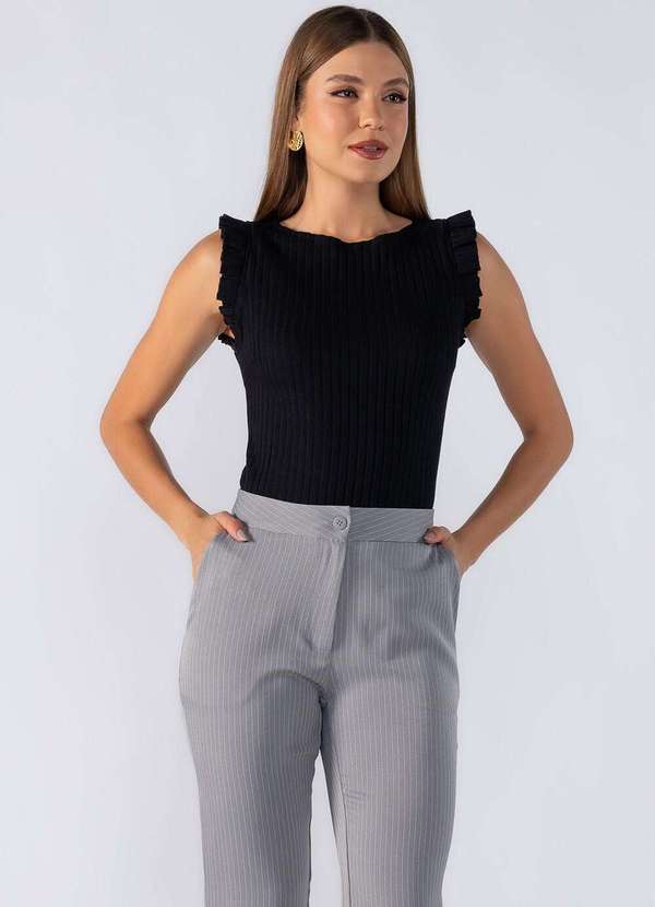 Lamis - Blusa Canelada Babado Manga Preto 3