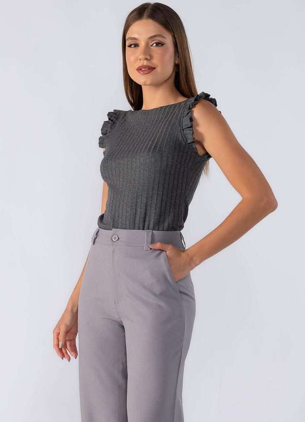 Lamis - Blusa Canelada Babado Manga Cinza 3