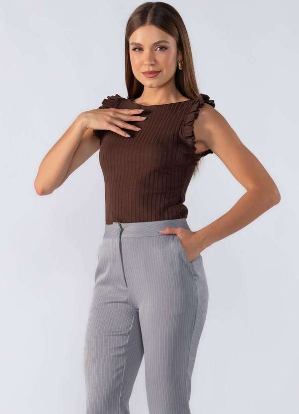 Lamis - Blusa Canelada Babado Manga Marrom 3