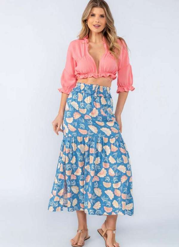 Lamis - Blusa Cropped Amarracao Frente e Babado Rosa