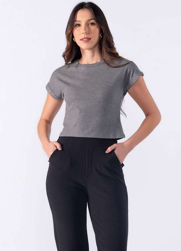 Lamis - Blusa Cropped Basica Canelada Cinza