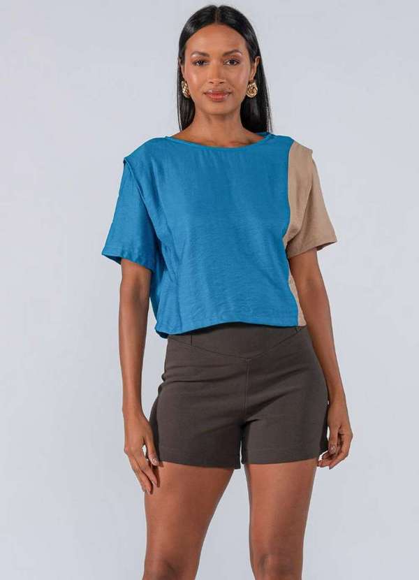 Lamis - Blusa Cropped Bicolor Viscose Ampla Azul