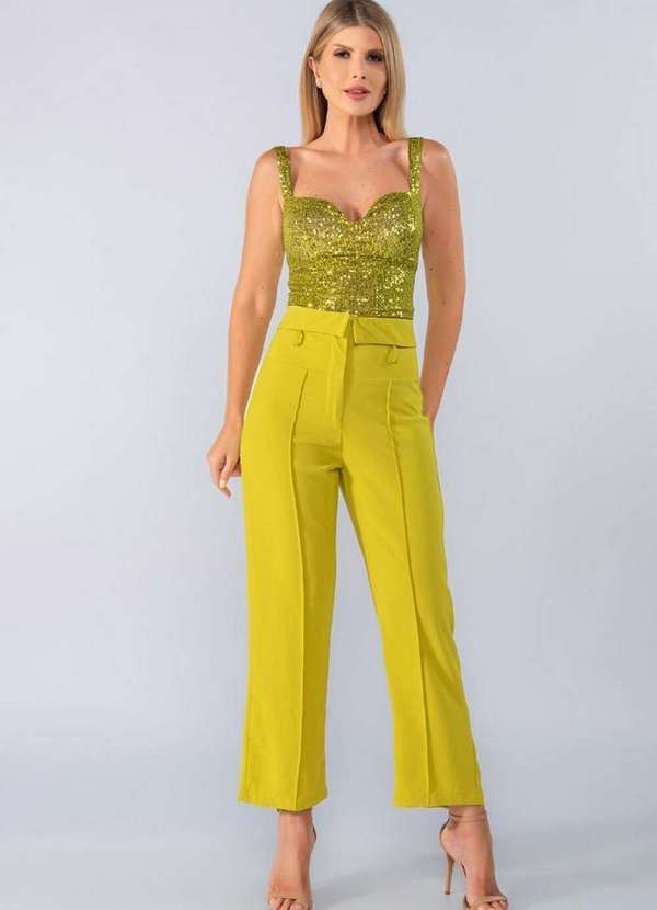 Lamis - Blusa Cropped Bojo Paete Broche Verde