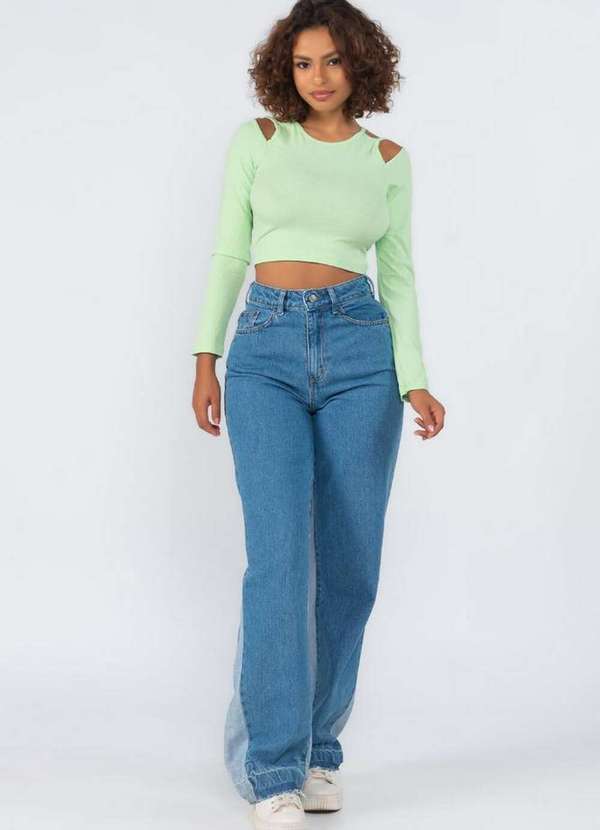 Lamis - Blusa Cropped Canelada Recortes Manga Longa Verde