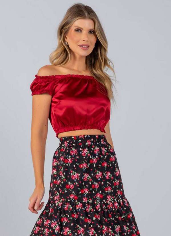Lamis - Blusa Cropped Cetim Ciganinha Vinho
