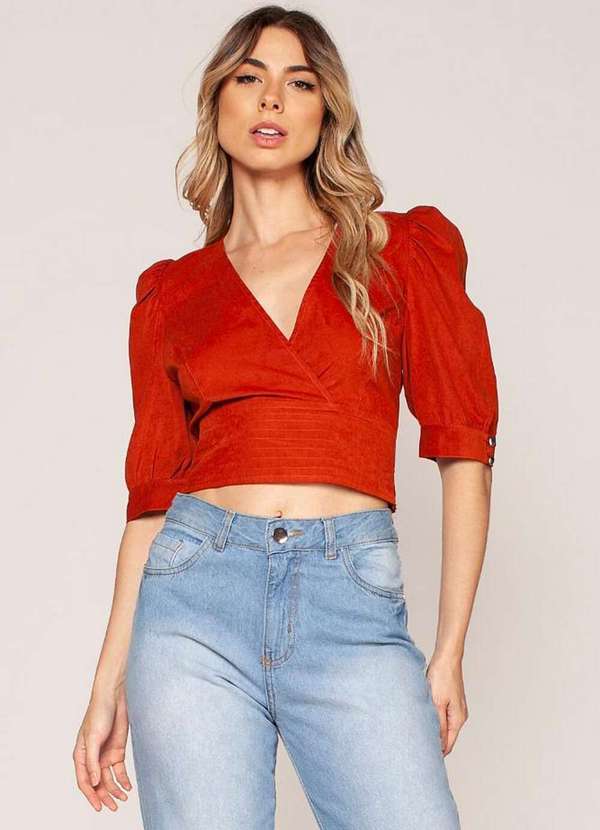 Lamis - Blusa Cropped Decote V Tencel Marrom