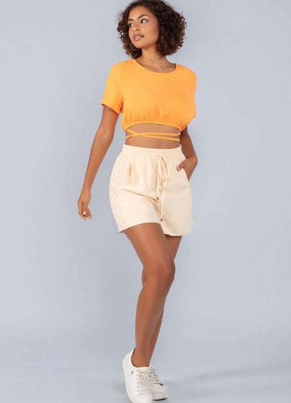 Lamis - Blusa Cropped em Crepe Elastico e Amarracao Cintura Laranja