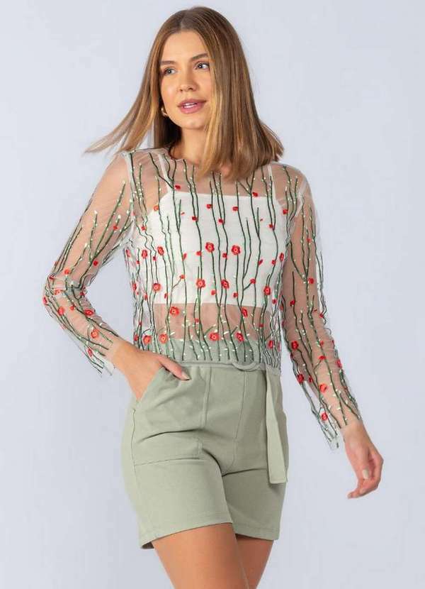 Lamis - Blusa Cropped em Tule Bordado Off White