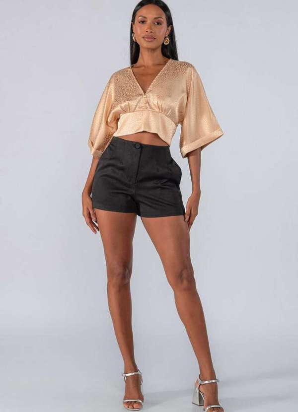 Lamis - Blusa Cropped Gola V Acetinada Bege