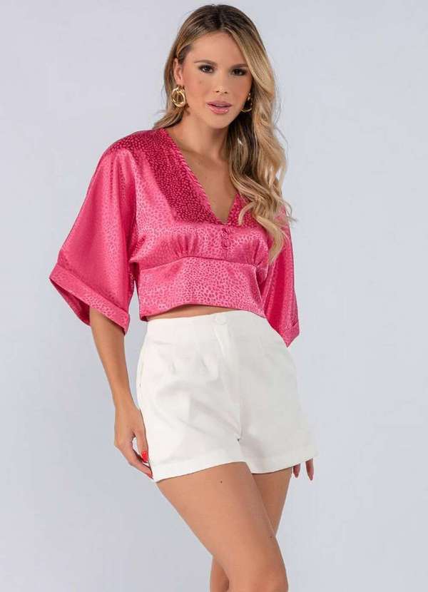 Lamis - Blusa Cropped Gola V Acetinada Rosa