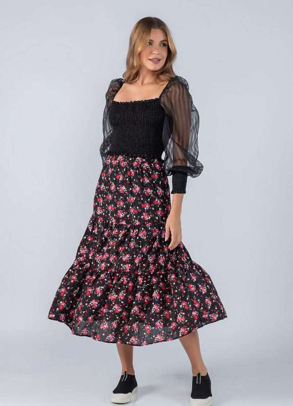 Lamis - Blusa Cropped Lastex com Manga Tule Preto