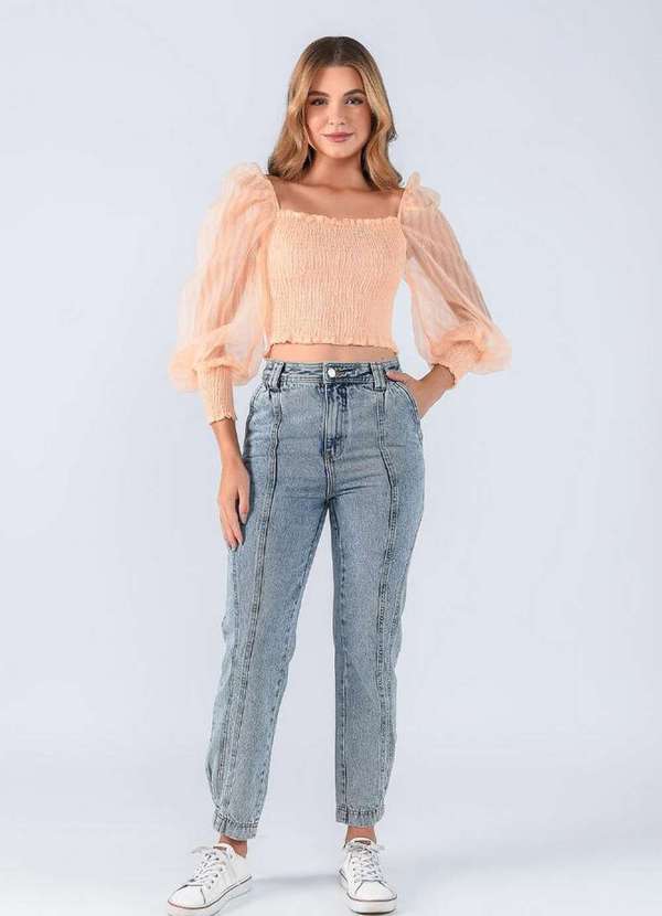 Lamis - Blusa Cropped Lastex com Manga Tule Salmao