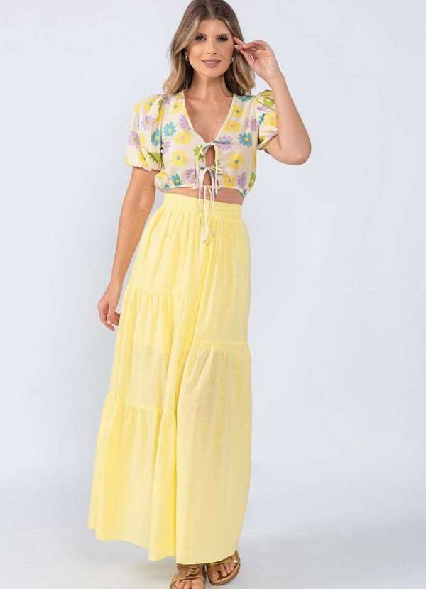 Lamis - Blusa Cropped Manga Bufante Cordao Frontal Amarelo