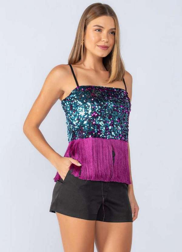Lamis - Blusa Cropped Paete Color com Franja Lilas 2