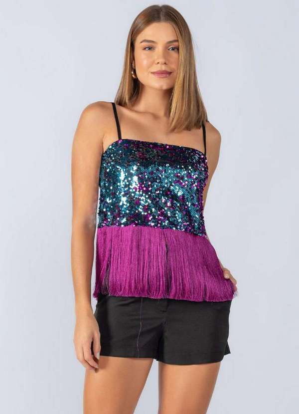 Lamis - Blusa Cropped Paete Color com Franja Lilas 3