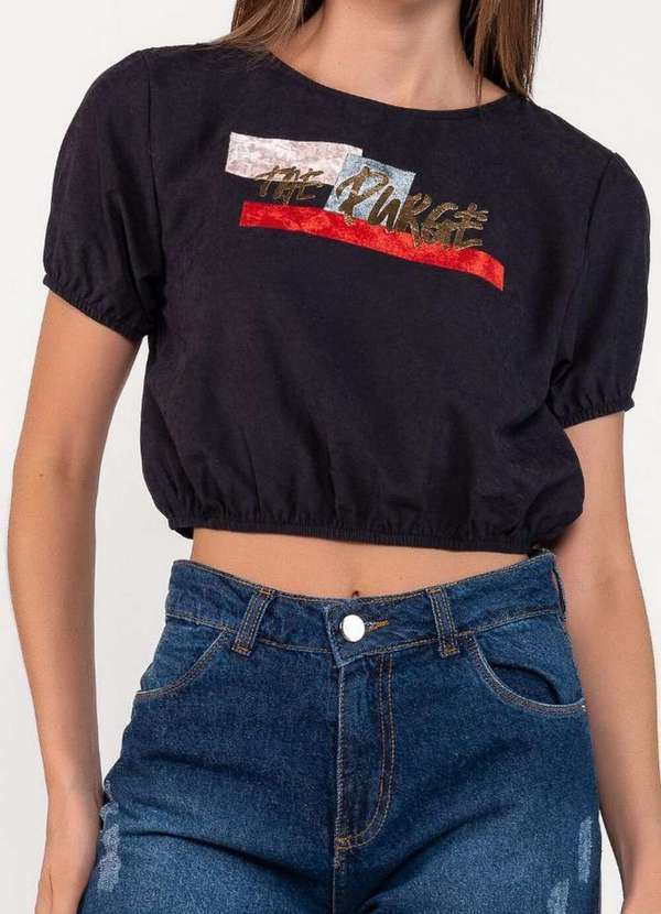 Lamis - Blusa Curta com Manga Detalhe em Veludo Preto