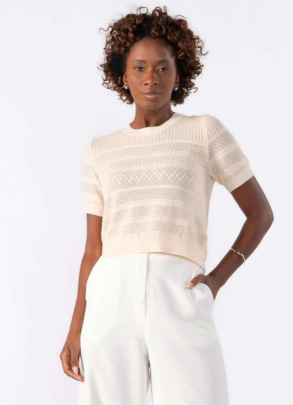 Lamis - Blusa Curta de Tricot Trabalhado Bege
