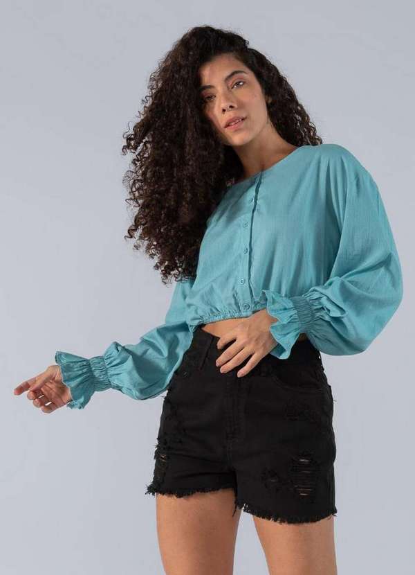Lamis - Blusa Curta em Viscose com Elastico na Barra e Punho Azul