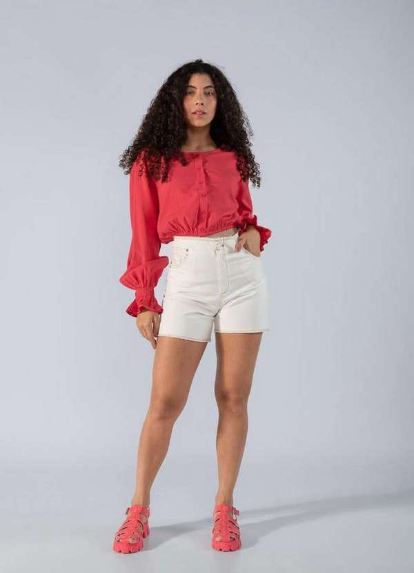 Lamis - Blusa Curta em Viscose com Elastico na Barra e Punho Vermelho